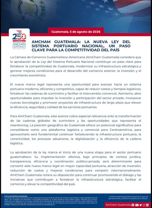 AmCham Guatemala afirm&oacute; que la nueva normativa fortalecer&aacute; la competitividad y capacidad de las cadenas de suministro. (Imagen: AmCham Guatemala)