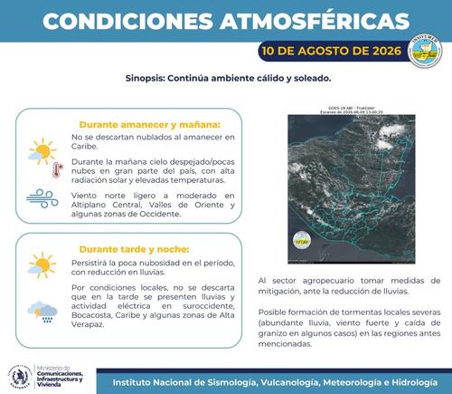 La semana iniciar&aacute; con ambiente c&aacute;lido, soleado y cielos despejados o poco nublados en casi todo el pa&iacute;s. (Imagen: Insivumeh)