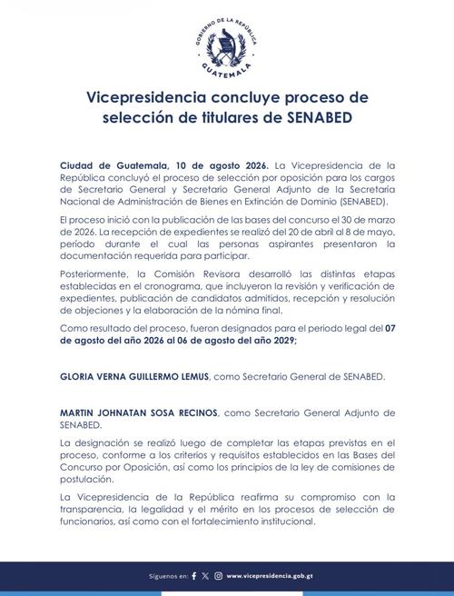 Ambos funcionarios ejercer&aacute;n sus cargos por un per&iacute;odo de tres a&ntilde;os, comprendido del 7 de agosto de 2026 al 6 de agosto de 2029. (Imagen: SENABED)