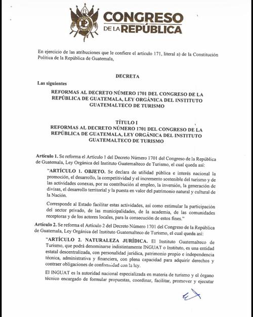 La iniciativa 6811 propone modernizar la ley del INGUAT, vigente desde 1967, adapt&aacute;ndola a las necesidades actuales del sector. (Imagen: captura de pantalla) 