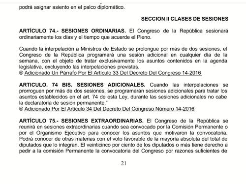 El art&iacute;culo 74 de la Ley Org&aacute;nica del Organismo Legislativo faculta al Congreso a definir el calendario y horario de sus sesiones ordinarias. (Imagen: captura de pantalla) 