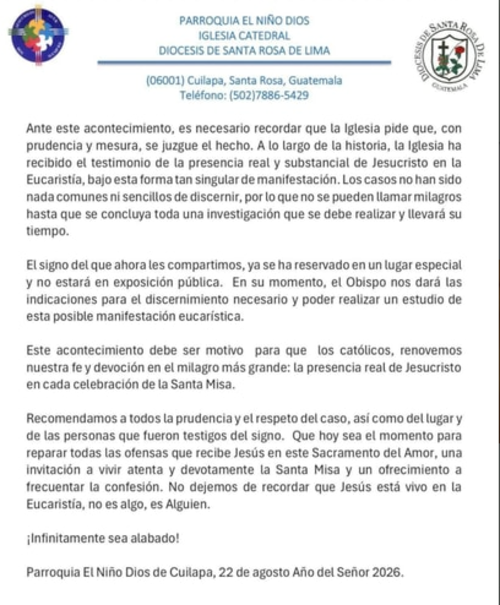 El comunicado parroquial pide mesura mientras avanza el proceso de investigaci&oacute;n. (Foto:&nbsp;Catedral Ni&ntilde;o Dios Cuilapa)