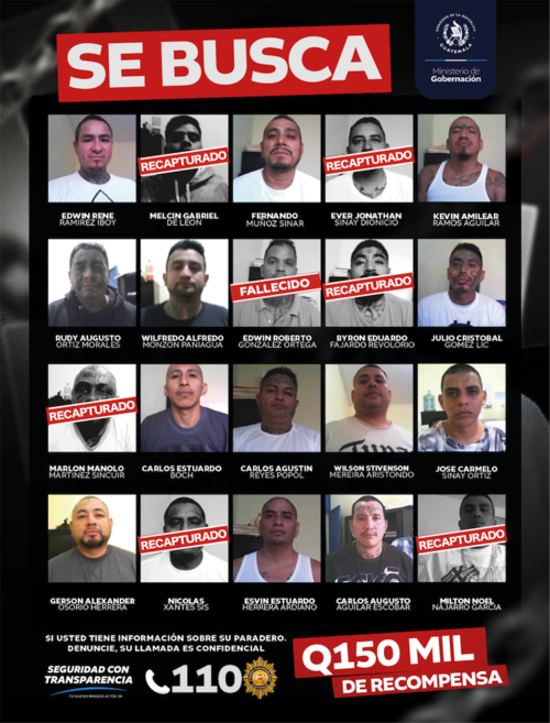 Afiche emitido por el Ministerio de Gobernaci&oacute;n con los datos de los reos pendientes de captura, los capturados y el fallecido, tras la fuga de la c&aacute;rcel de Fraijanes II.  (Foto: Mingob/Soy502)