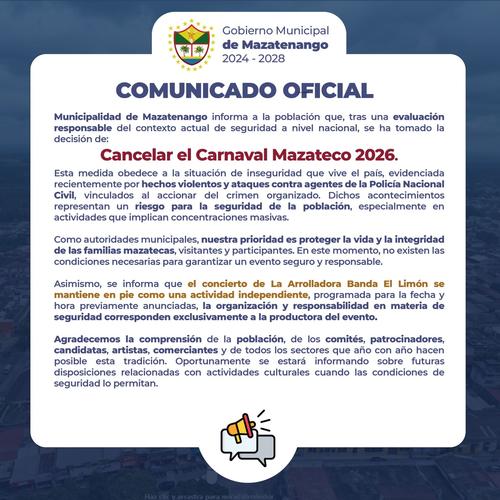 Las autoridades indicaron que cancelan el evento por seguridad de las familias. (Imagen: Municipalidad de Mazatenango)