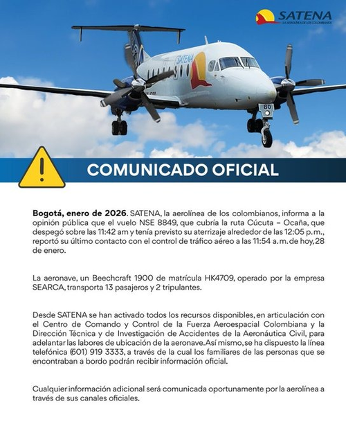 Comunicado oficial de la aerol&iacute;nea. (Imagen: Satena)
