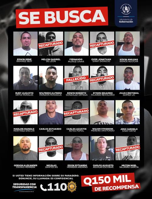 Los 12 reos que siguen fugados de Fraijanes II. (Foto: Ministerio de Gobernaci&oacute;n)