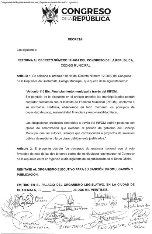 La reforma habilita nuevamente al Infom para otorgar pr&eacute;stamos a las municipalidades. (Imagen: captura de pantalla)