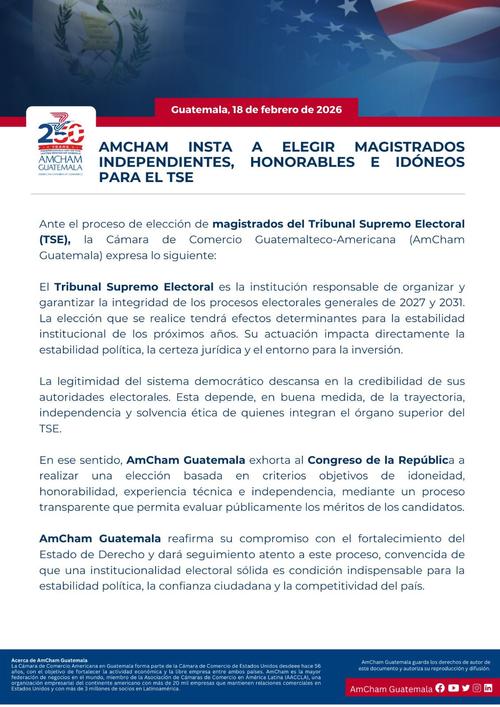 Pronunciamiento de la C&aacute;mara de Comercio Guatemalteco - Americana. (Foto: Amcham)