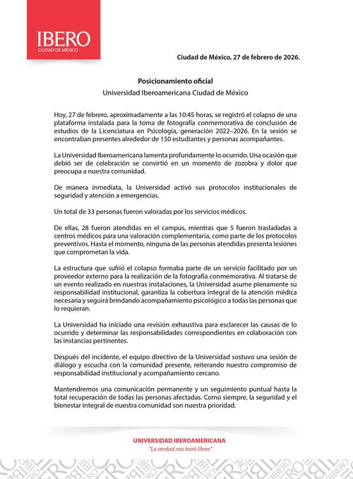 Comunicado del centro educativo. (Foto: Universidad Iberoamericana)