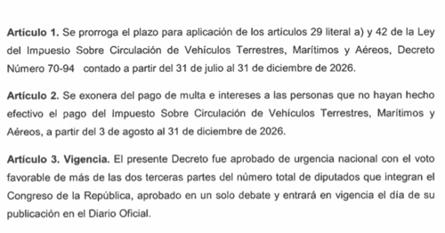 La iniciativa contiene la pr&oacute;rroga del pago del impuesto de circulaci&oacute;n as&iacute; como la exoneraci&oacute;n de multas hasta el 31 de diciembre de 2026. (Foto: captura de pantalla/Soy502)