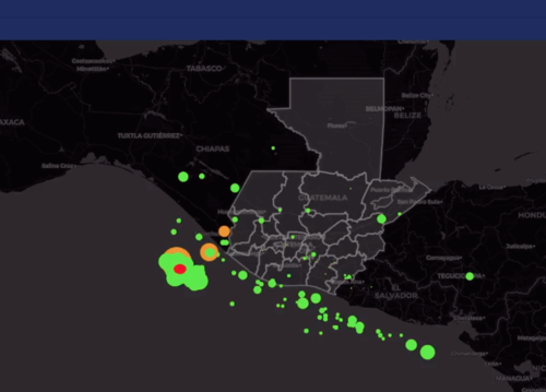 Los puntos verdes en el mapa, compartido por las autoridades, representan la actividad s&iacute;smica en Guatemala. (Foto: Captura pantalla/Conred)