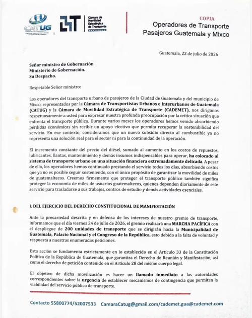Carta que se envi&oacute; al Ministerio de Gobernaci&oacute;n por parte de la CATUG y CADEMET. (Foto: RRSS)