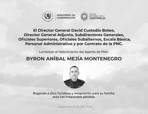 El agente Byron An&iacute;bal Mej&iacute;a Montenegro falleci&oacute; la noche del pasado domingo en Amatitl&aacute;n. (Imagen: PNC)