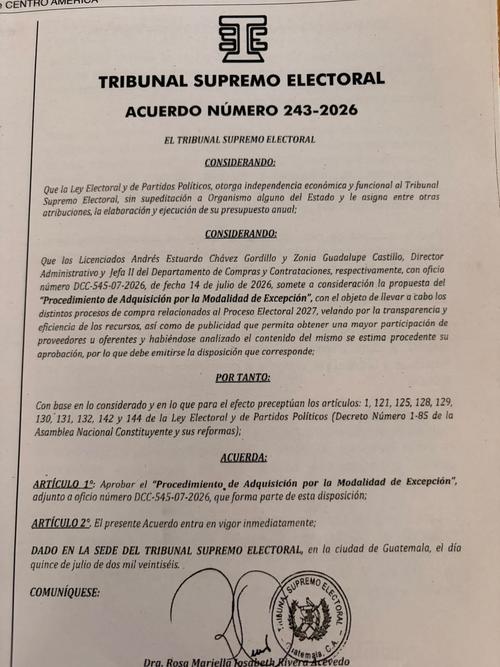La medida se oficializ&oacute; con el Acuerdo 243-2026, amparado en la Ley Electoral y en la Ley de Contrataciones del Estado para periodos electorales. (Foto: Soy502)