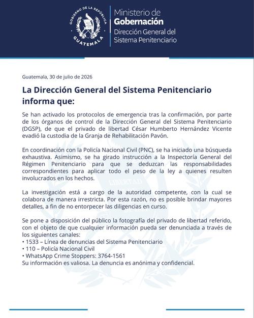 Comunicado oficial tras la fuga del privado de libertad. (Foto: Sistema Penitenciario)