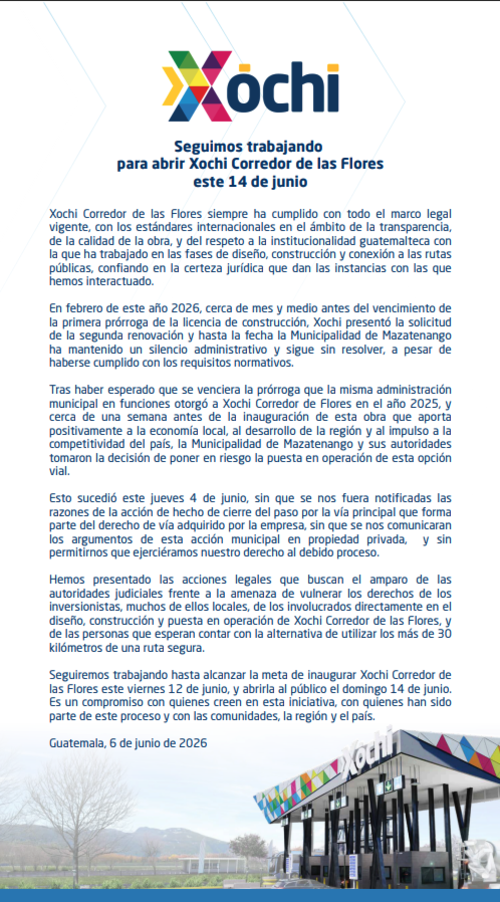 Comunicado emitido por la empresa a cargo del proyecto Xochi Corredor de las Flores. (Foto: Cortes&iacute;a)