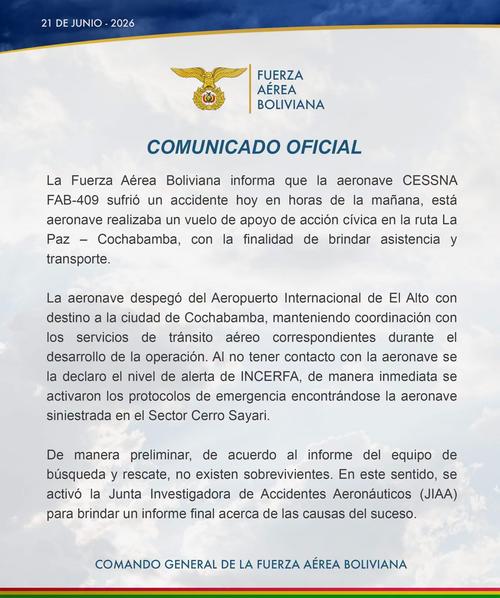 Comunicado oficial de la Fuerza A&eacute;rea Boliviana. (Imagen: Redes sociales)