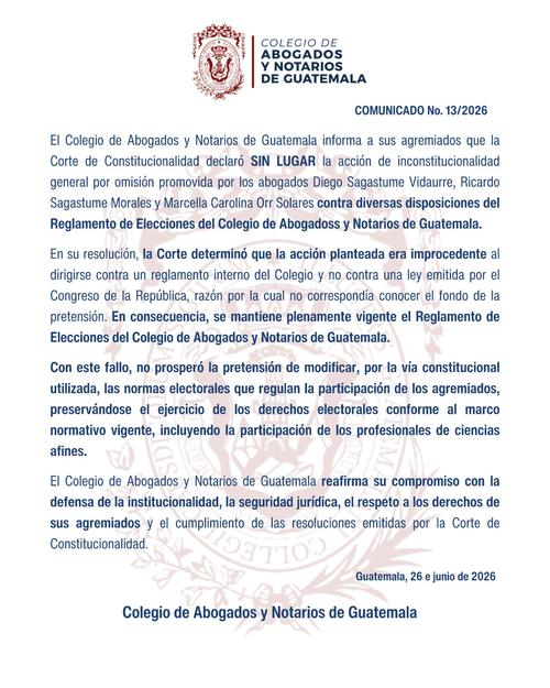El Cang inform&oacute; a sus agremiados que la CC declar&oacute; sin lugar una acci&oacute;n de inconstitucionalidad que buscaba suspender algunas disposiciones del Reglamento Interno de Elecciones. (Foto: Cang/Soy502)