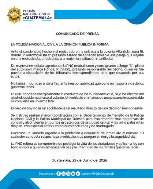 Comunicado de la Polic&iacute;a Nacional Civil. (Imagen: PNC)