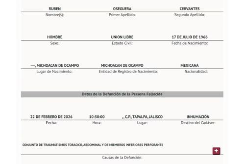 El acta de defunci&oacute;n n&uacute;mero 3830, emitida por el Registro Civil de la Ciudad de M&eacute;xico, documenta la muerte de Oseguera Cervantes. (Foto: Infobae)