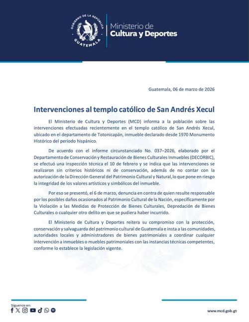 El Ministerio de Cultura denunci&oacute; intervenciones no autorizadas en la iglesia de San Andr&eacute;s Xecul. (Imagen: MCD)