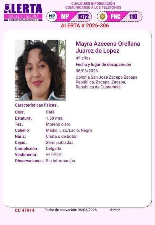 Mayra Orellana contaba con alerta Isabel-Claudina. (Foto: MP)
