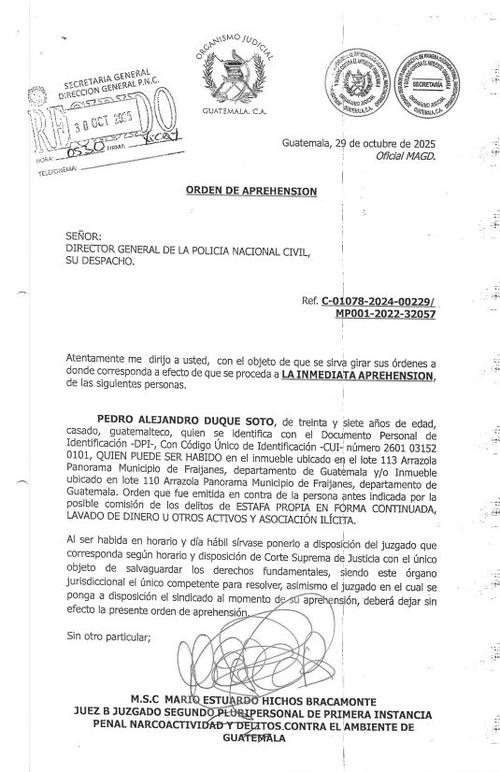 La &oacute;rden de captura contra Pedro Duque fue girada desde el 29 de octubre de 2025. (Foto: MP)