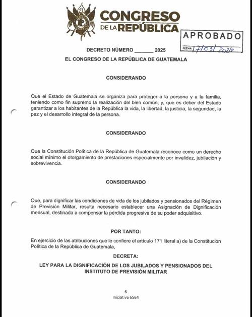 El Congreso aprob&oacute; un aumento de hasta Q1 mil para jubilados del Instituto de Previsi&oacute;n Militar. (Imagen: captura de pantalla) 