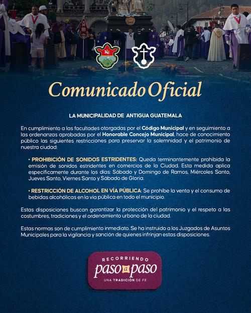 Municipalidad establece restricciones por actividades de Semana Santa. (Imagen: Municipalidad de Antigua Guatemala)