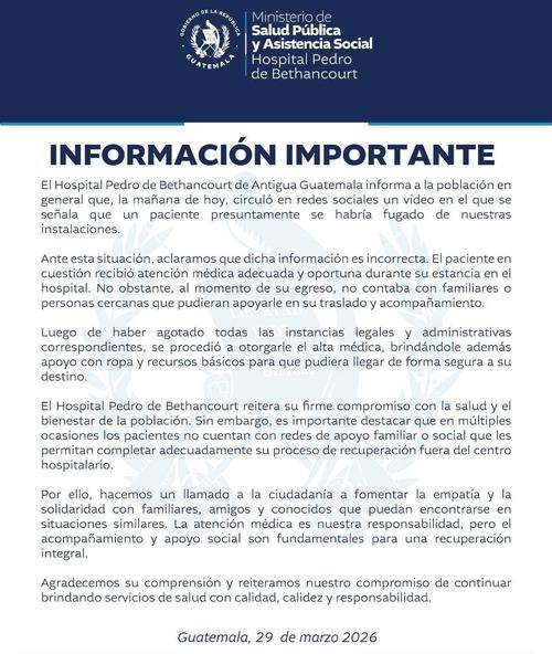En redes sociales circula informaci&oacute;n sobre la presunta fuga de paciente en Antigua Guatemala. (Imagen: Hospital Pedro De Bethancourt)