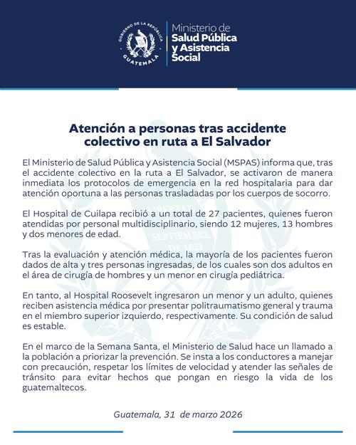 El Ministerio de Salud y Asistencia Social hizo un comunicado del estado de las v&iacute;ctimas. (Imagen: MSPAS)