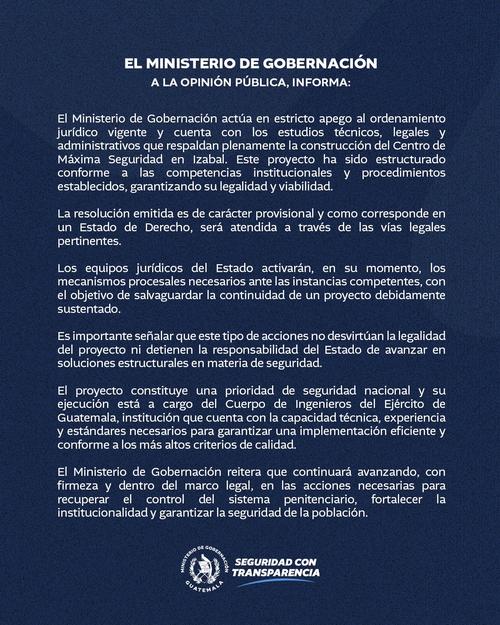 Comunicado respecto a construcci&oacute;n de "El Triunfo". (Foto: Mingob)