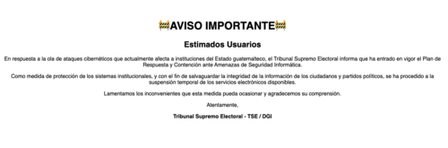 Mensaje que aparece al ingresar en el sitio web tse.org.gt. (Foto: captura de pantalla/Soy502)