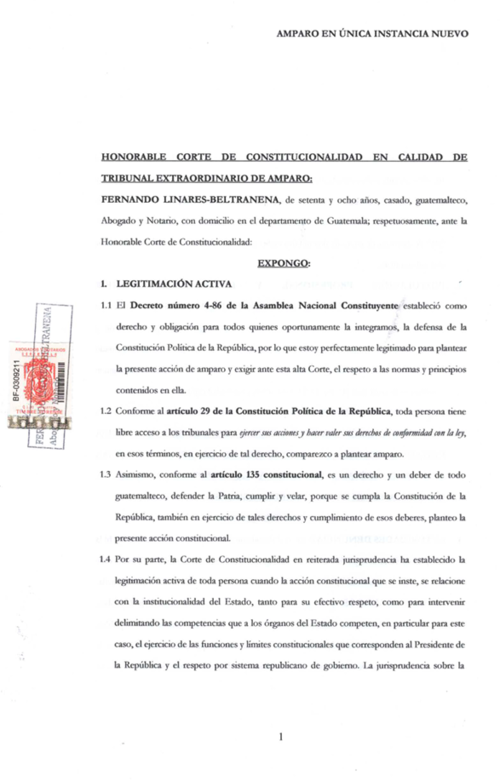 Amparo en &uacute;nica instancia planteado ante la CC por el exdiputado Fernando Linares Beltranena. (Foto: captura de pantalla/Soy502)