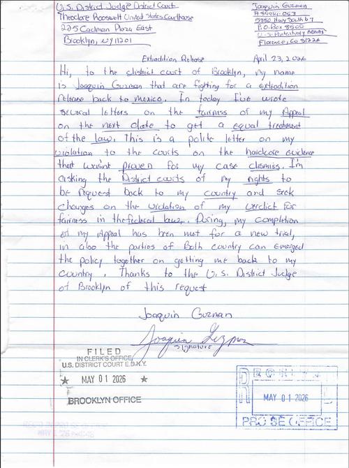 &ldquo;El Chapo&rdquo; Guzm&aacute;n env&iacute;a otra carta escrita en ingl&eacute;s a la Corte Federal del Distrito Este de Nueva York para solicitar su extradici&oacute;n a M&eacute;xico. (Foto: Keegan Hamilton)