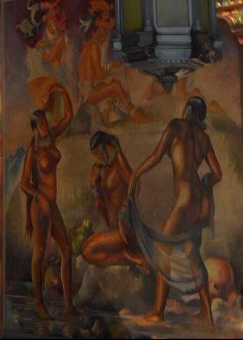 En esta pintura se observan tres princesas en la secci&oacute;n inferior y tres dioses en la secci&oacute;n superior. (Foto: Ministerio de Cultura y Deportes)
