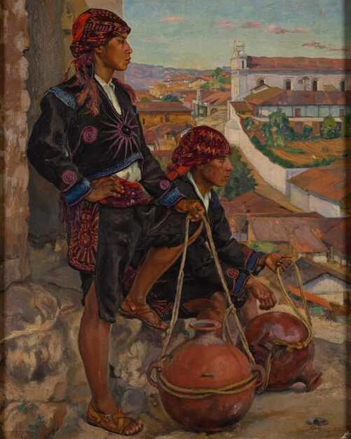 Aguadores de Chichicastenango (1938), &oacute;leo sobre tela, es una obra de Alfredo G&aacute;lvez Su&aacute;rez que forma parte de la colecci&oacute;n del Museo Nacional de Arte Moderno Carlos M&eacute;rida. (Foto: MUNAM)