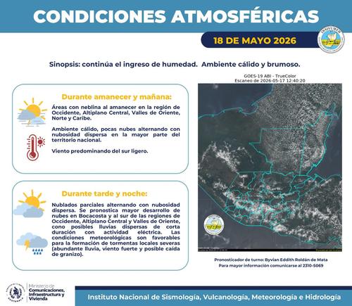 El Insivumeh prev&eacute; ambiente c&aacute;lido y h&uacute;medo para este lunes 18 de mayo. (Imagen: Insivumeh)