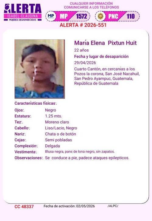 Mar&iacute;a Elena fue vista por &uacute;ltima vez el 29 de abril en un sector de San Pedro Ayampuc. (Imagen: Alerta Isabel Claudina)