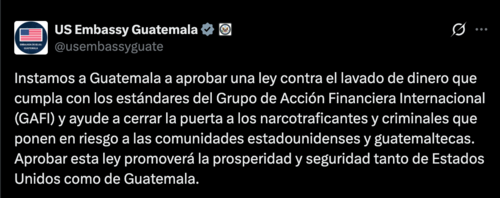 EE. UU. pide a Guatemala aprobar la Ley Antilavado. (Imagen: captura de pantalla) 