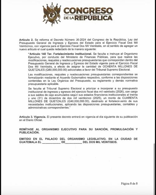 La propuesta incluye una ampliaci&oacute;n presupuestaria de Q80 millones para el TSE. (Imagen: captura de pantalla)