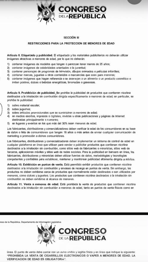 El proyecto tambi&eacute;n establece restricciones para la publicidad y el etiquetado de los vapeadores. (Imagen: captura de pantalla)