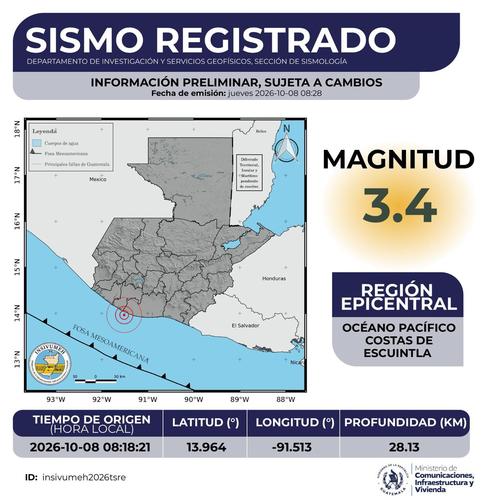 El tercer movimiento fue de magnitud 3.4 frente a las costas de Escuintla. (Imagen: Insivumeh)