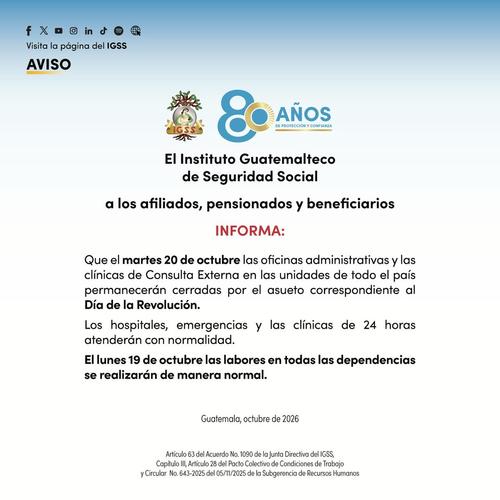 Aviso del IGSS a sus afiliados y pensionados. (Foto: IGSS)