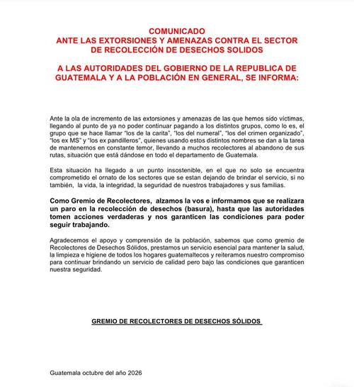 Este es el comunicado que circula sobre el paro de camiones recolectores de basura. (Foto: RRSS)