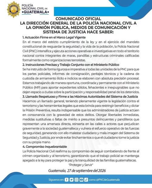 Comunicado emitido por la PNC con el pronunciamiento en menci&oacute;n. (Foto: PNC/Soy502)