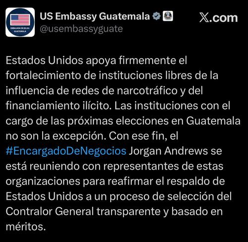 La Embajada estadounidense pide fortalecer instituciones libres de influencias del narcotr&aacute;fico y financiamiento il&iacute;cito. (Imagen: captura de pantalla) 
