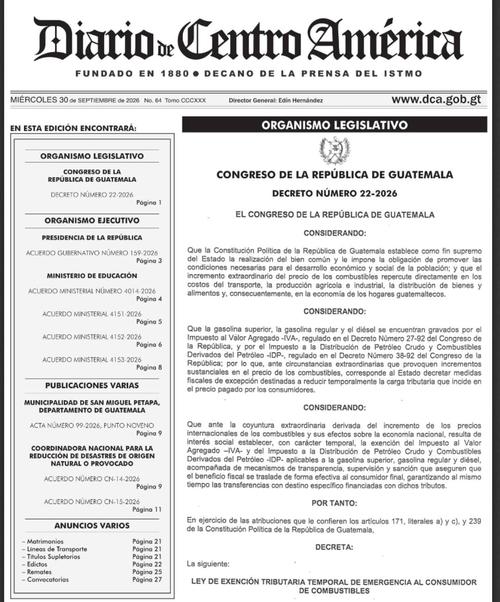 El Decreto 22-2026 fue publicado este mi&eacute;rcoles en el Diario Oficial. (Imagen: Captura de pantalla)