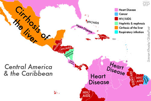 En el mapa elaborado por Global Post, Guatemala se representa con el color rojo y la referencia VIH/SIDA. (Imagen:Global Post) 