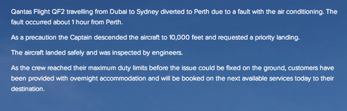 Comunicado de Qantas luego del aterrizaje de emergencia en Perth. (Foto: qantasnewsroom.com.au)
